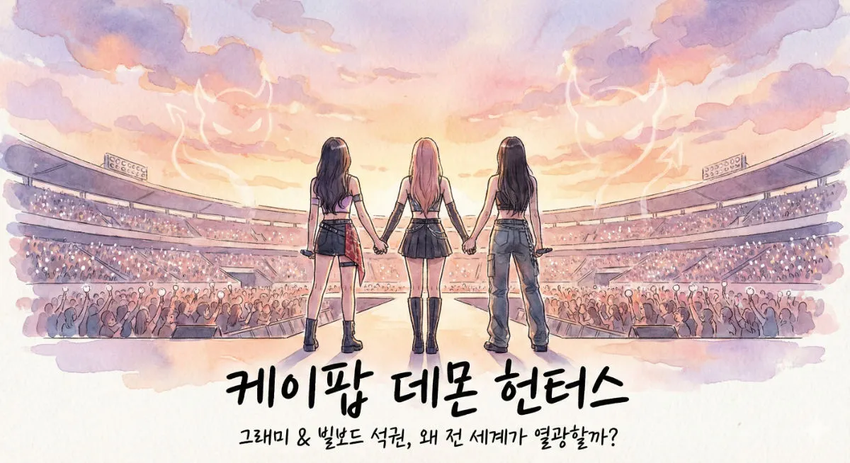 수채화 스타일로 그려진 케이팝 데몬 헌터스 썸네일. 노을진 경기장을 바라보는 헌트릭스 멤버들의 뒷모습.