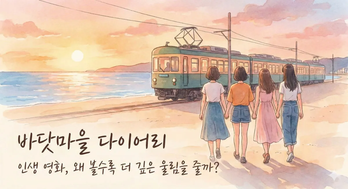 인생 영화 바닷마을 다이어리 리뷰 썸네일. 가마쿠라 해변과 노을 지는 바다, 에노덴 전철 배경으로 네 자매가 함께 서 있는 수채화풍 일러스트.