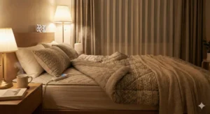 겨울 절약을 위한 온수매트가 깔린 따뜻한 침실 모습