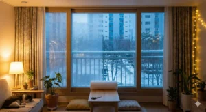 겨울철 창문 단열을 위해 뽁뽁이 필름을 붙인 거실 창문의 모습